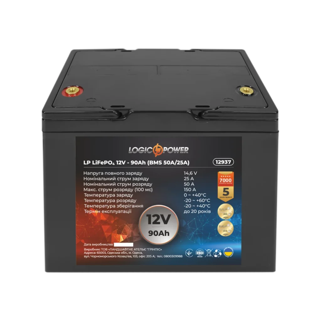Акумулятор LogicPower LP LiFePO4 12V - 90Ah (BMS 50A/25A), пластик